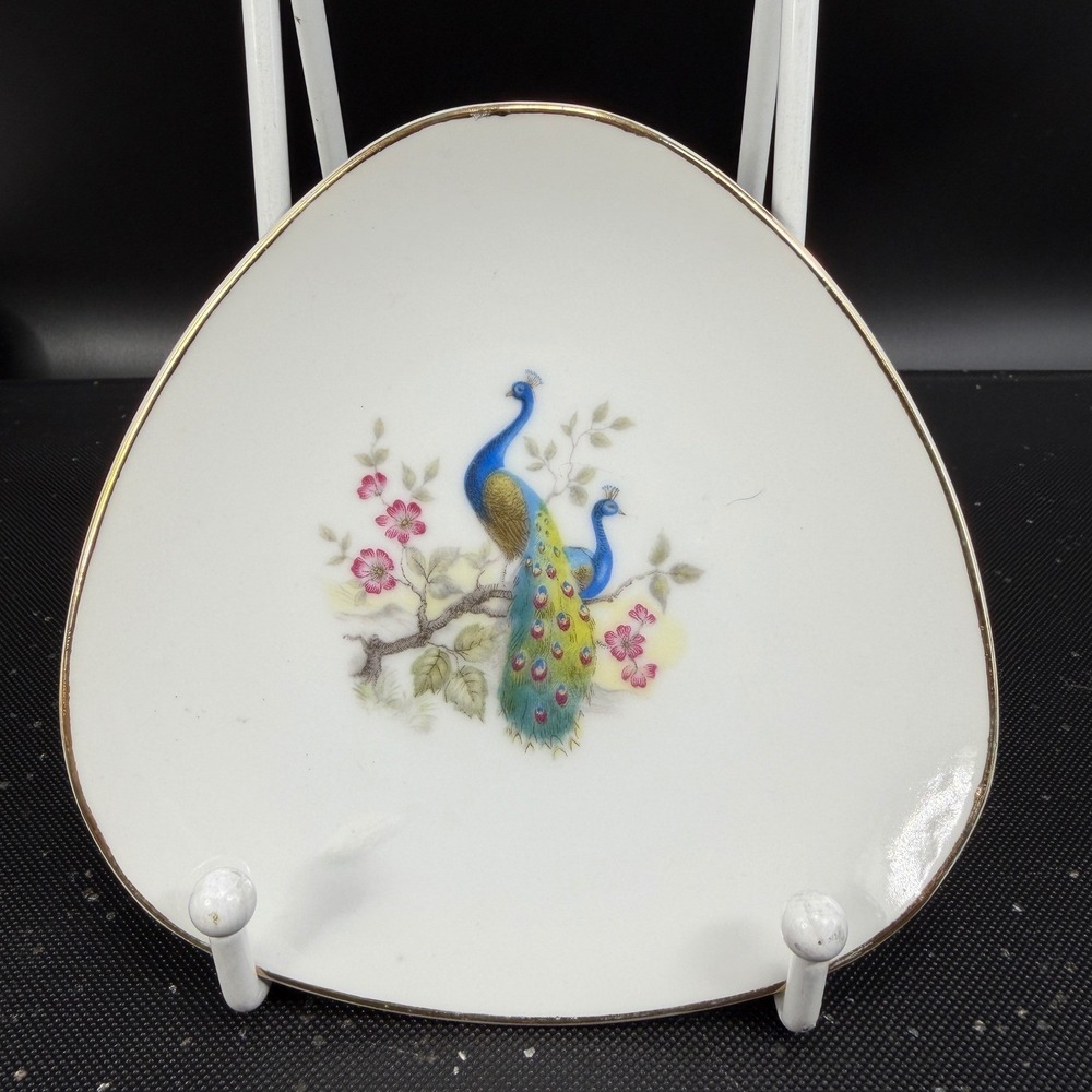 Cerpac Peru Peacock Porcelain Plate Dish Set 4 Triangular Gold Rim Butter Pat - Picture 6 of 10